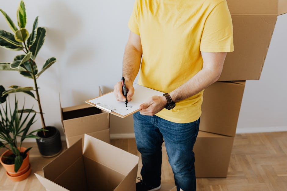 A man wearing a yellow t-shirt and blue jeans is standing inside a room with light-colored walls and wooden flooring, preparing for a house removal. He is holding a clipboard in his left hand and writing with a black marker in his right hand, likely taking notes or preparing a packing list. Around him, there are several open cardboard boxes, some positioned on the floor and others stacked in the background, ready for packing or transportation. To his left, a tall potted plant with broad green leaves adds a touch of decoration to the space. The scene is well-lit, with natural light illuminating the area, and the overall environment suggests a home relocation process involving packing and furniture transport. This visual aligns with services provided by Man with Van Wennington, focusing on removals and moving logistics.