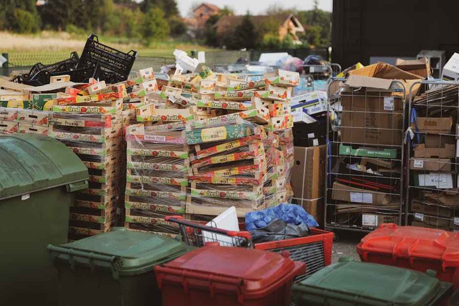 A large outdoor area filled with stacked cardboard boxes containing fresh fruits, with some open and partially collapsed. Surrounding the boxes are plastic crates, both green and red, some with lids, and a metal wire shelving unit holding various cardboard boxes and packaging materials. In the foreground, a small shopping cart and a blue plastic bag are visible on the ground. To the right, a portion of a vehicle, likely used for furniture transport or home relocation, is visible near the loading area. The scene is outdoors with natural light, and in the background, trees and residential buildings can be seen, indicating the setting is outside a property preparing for a removal or moving process. This image relates to logistics involved in house removals and bulk waste collection, exemplifying the packing and loading stages managed by Man with Van Wennington, supporting efficient furniture and household items transportation within a move or clearance service.